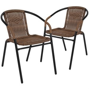 Pemberly Row Stackable Rattan Curved Back Dining Chair in Brown (Set of 2)