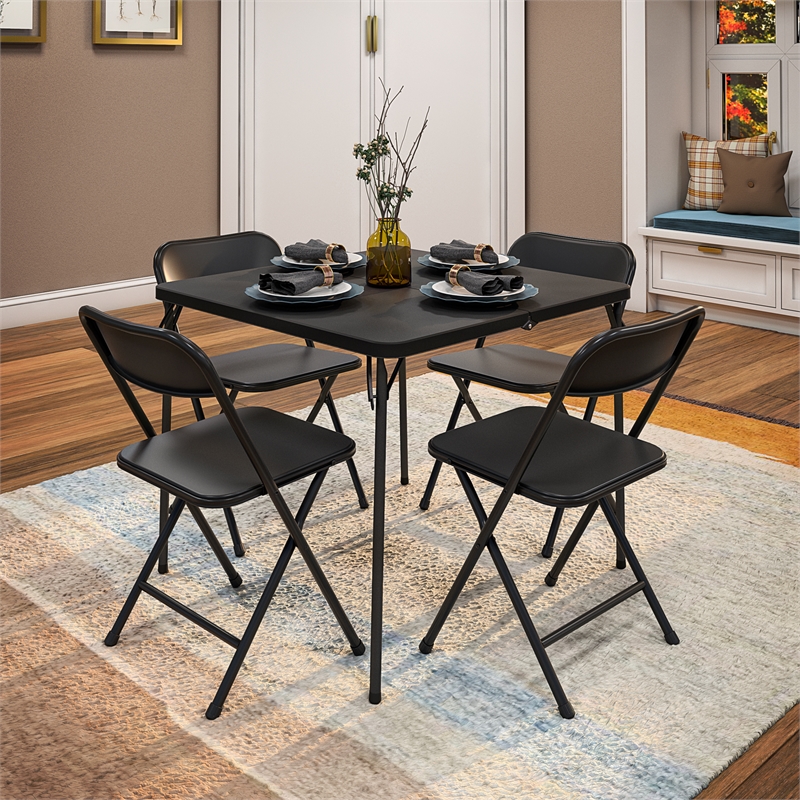 Pemberly Row 5-Piece Solid Resin Folding Table & Chair Dining Set in Black