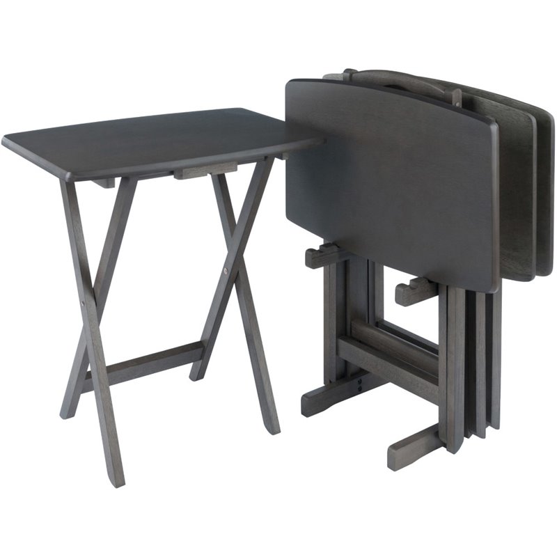 Pemberly Row 5-Piece Transitional Solid Wood Snack Table Set in Oyster Gray