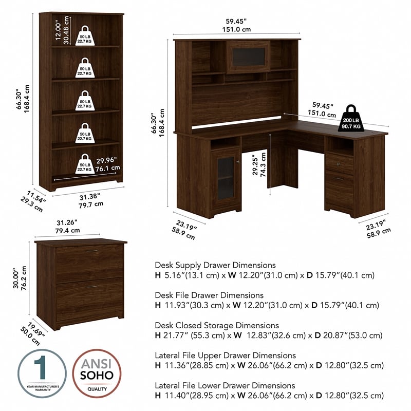 Pemberly Row L-Shaped Desk with Hutch and Storage in Walnut - Engineered Wood