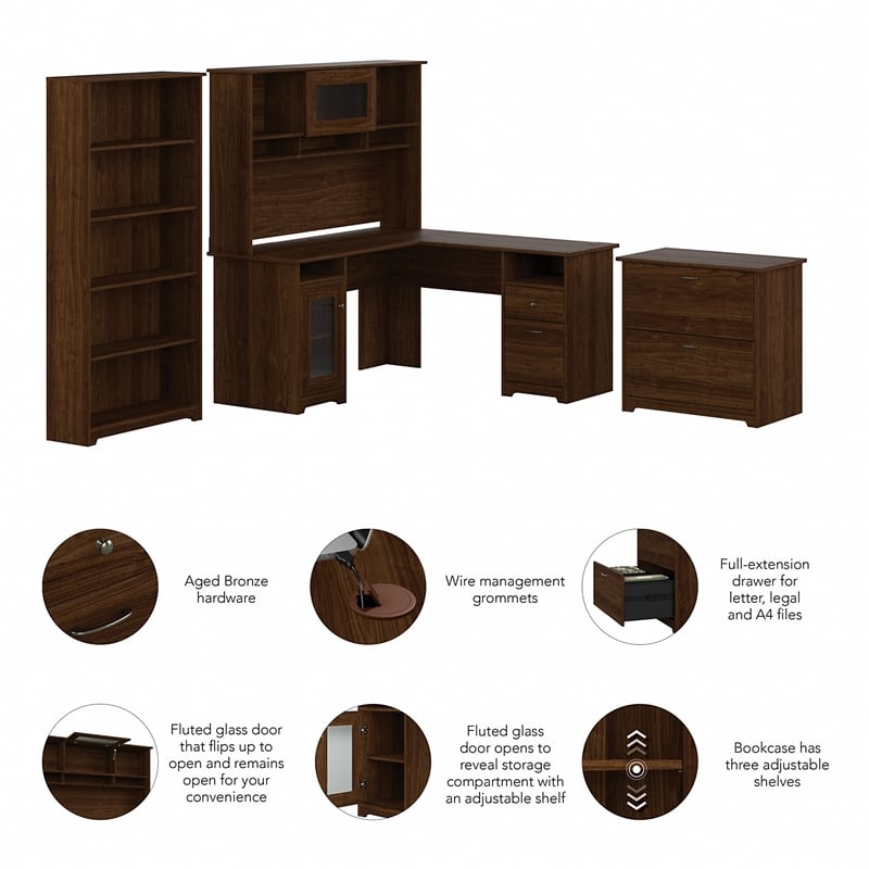 Pemberly Row L-Shaped Desk with Hutch and Storage in Walnut - Engineered Wood