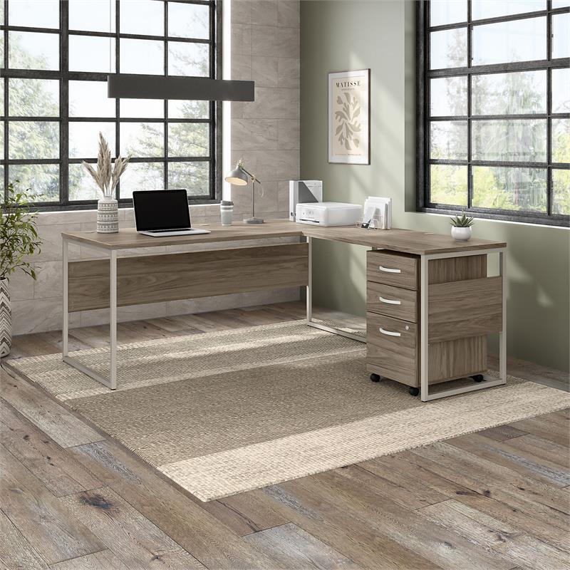 Pemberly Row 72W L-Shaped Table Desk with Drawers in Hickory - Engineered Wood