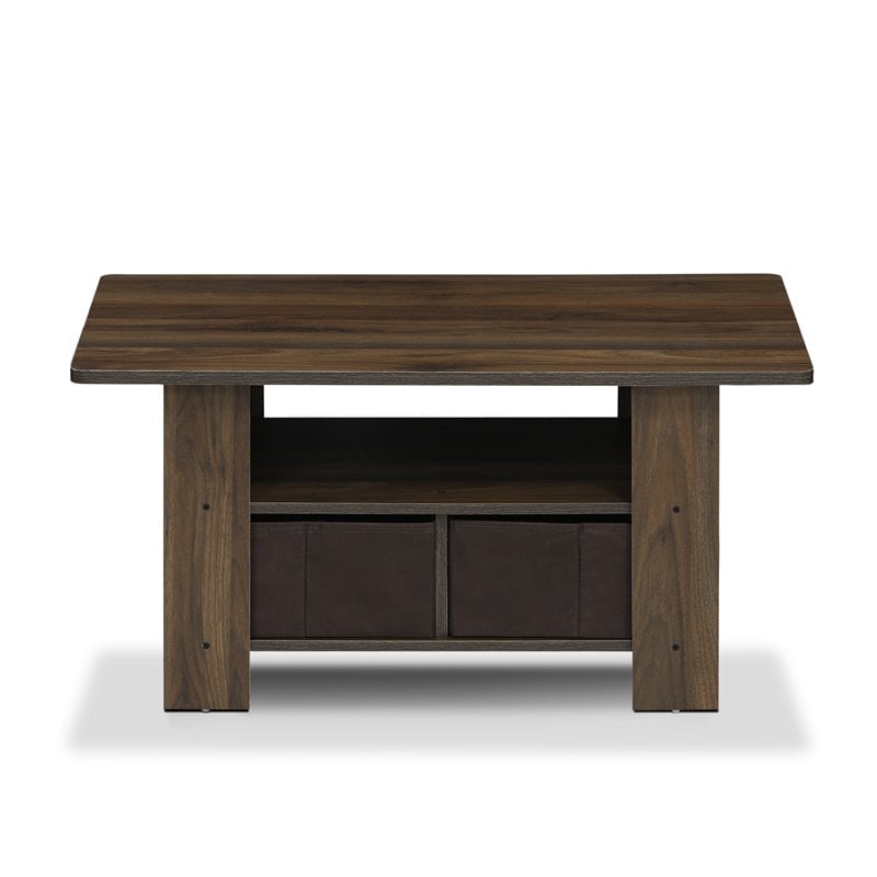 Pemberly Row Wood Coffee Table with Bin Drawer in Columbia Walnut/Dark Brown
