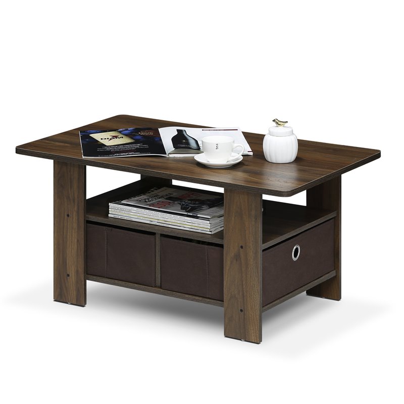 Pemberly Row Wood Coffee Table with Bin Drawer in Columbia Walnut/Dark Brown