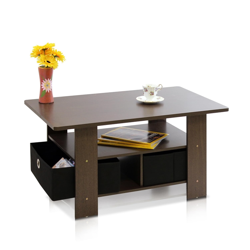 Pemberly Row Engineered Wood Coffee Table with Bin Drawer in Dark Brown/Black