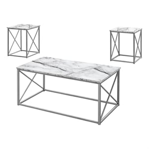 Pemberly Row Table Set 3pcs Set Coffee End Side Accent Metal White Marble Look