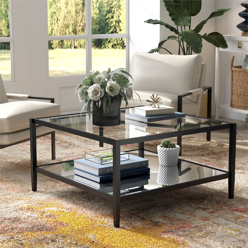 Pemberly Row Modern Square Coffee Table in Black and Bronze with Mirrored Shelf