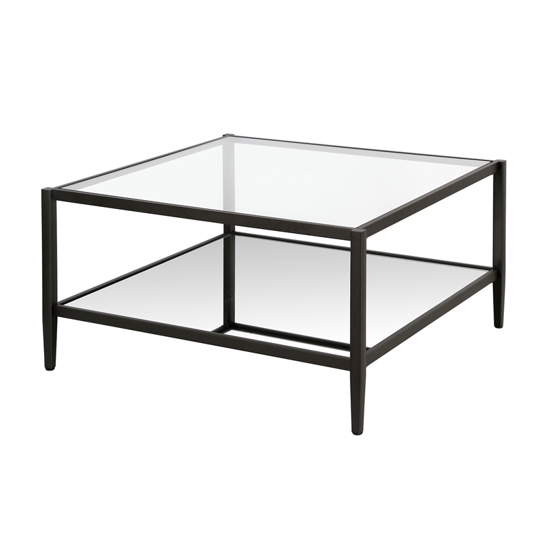 Pemberly Row Modern Square Coffee Table in Black and Bronze with Mirrored Shelf