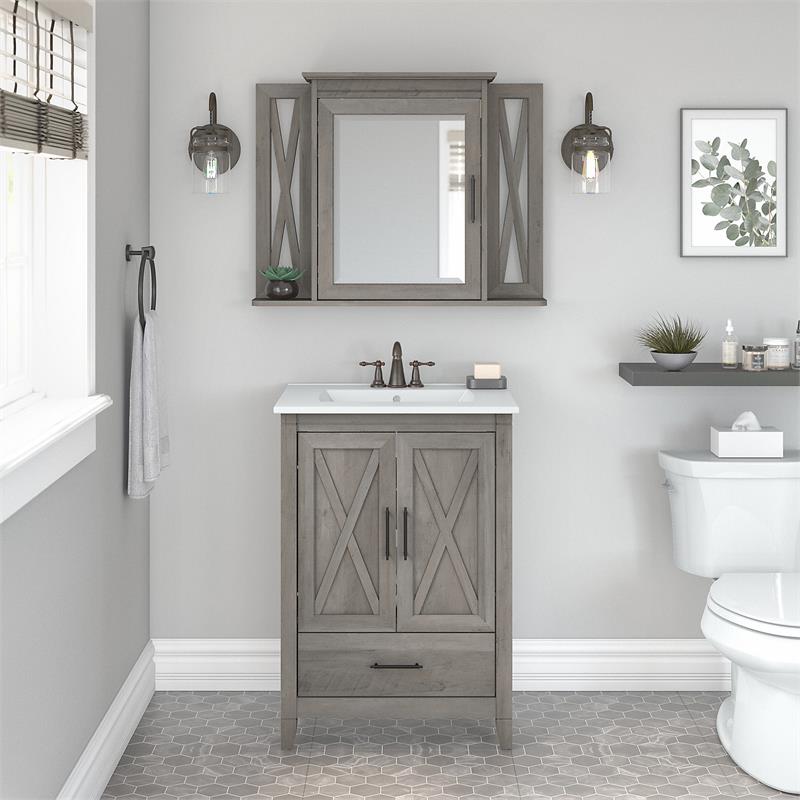 Pemberly Row Engineered Wood Bathroom Vanity Sink with Mirror in Driftwood Gray
