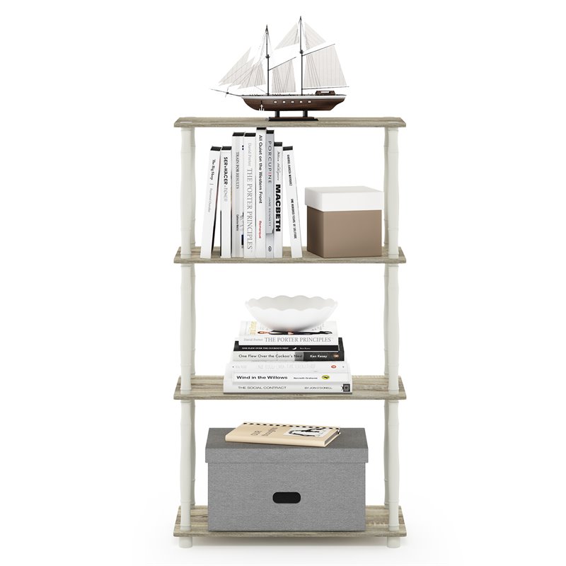 Pemberly Row Turn-N-Tube Engineered Wood 4-Tier Shelf Display Rack in Oak/White