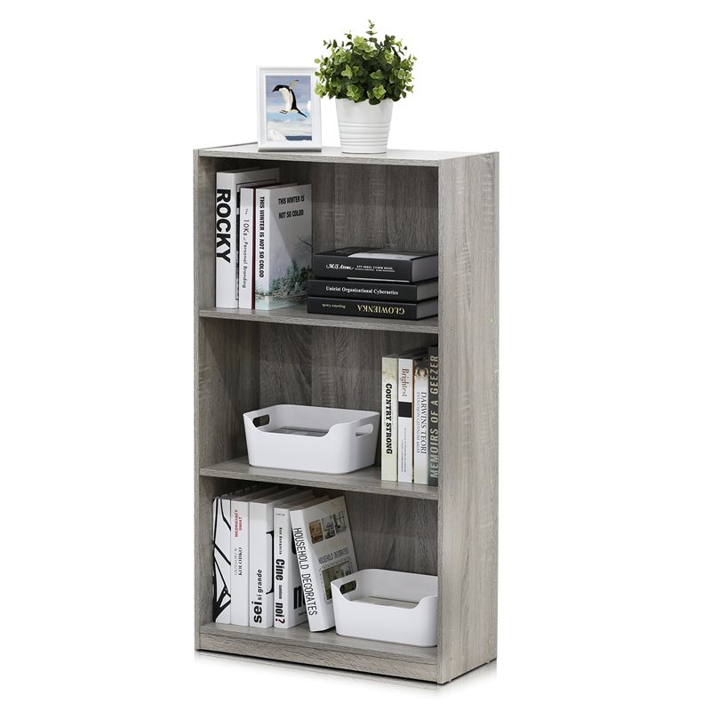 Pemberly Row Engineered Wood 3-Tier Bookcase Storage Shelves in French Oak Gray