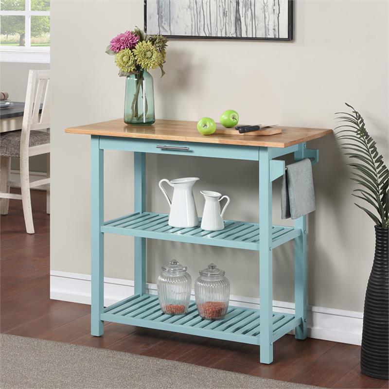Pemberly Row Three-Tier Butcher Block Kitchen Prep Island w/Drawer in Blue Wood