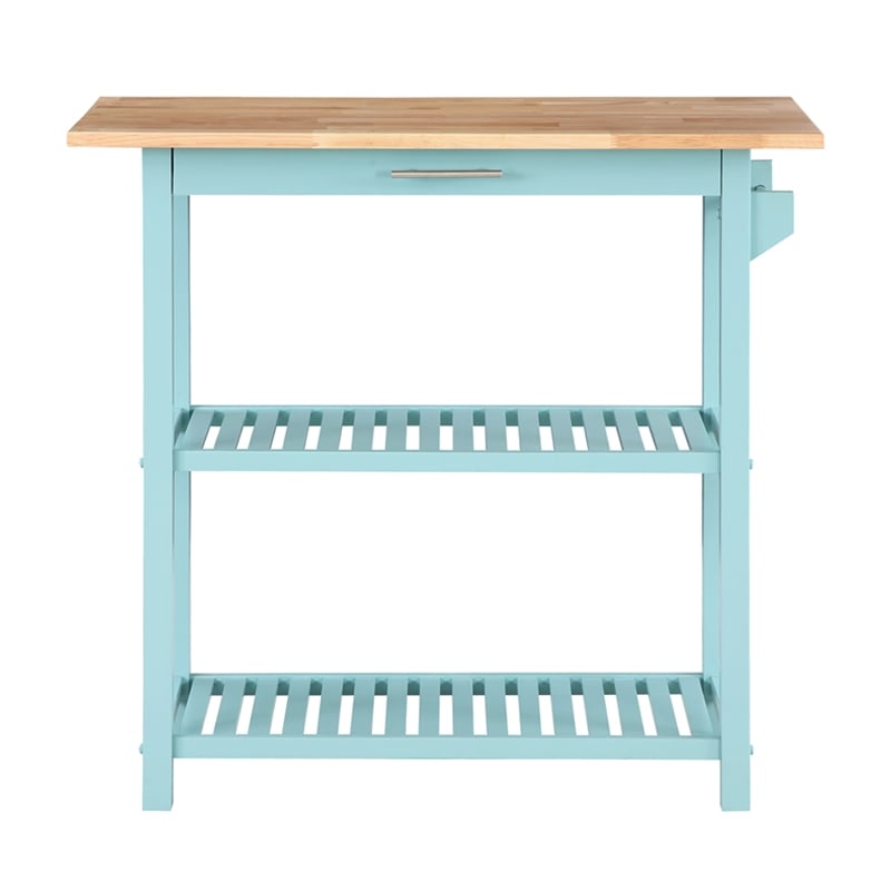 Pemberly Row Three-Tier Butcher Block Kitchen Prep Island w/Drawer in Blue Wood