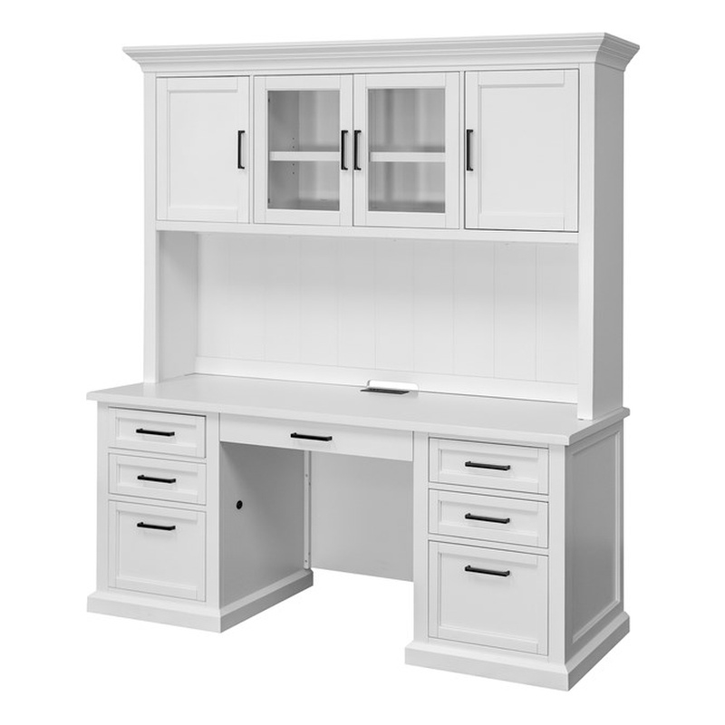 Pemberly Row Modern Wood Hutch With Doors and Desk Storage Fully Assembled White