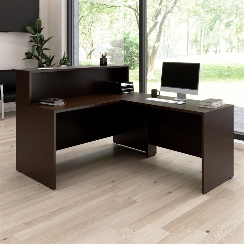 Pemberly Row 60W x 72D L-Shaped Reception Desk in Mocha Cherry - Engineered Wood
