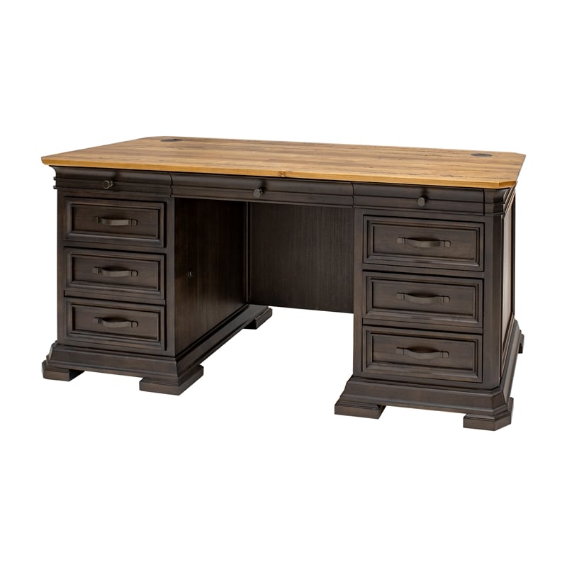 Pemberly Row Executive Credenza Desk Writing Table With Wood Plank Top Brown