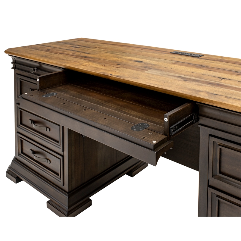 Pemberly Row Executive Credenza Desk Writing Table With Wood Plank Top Brown