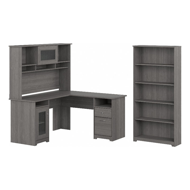 Pemberly Row L-Shaped Wood Desk with Hutch and Bookcase in Modern Gray