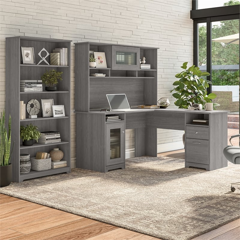 Pemberly Row L-Shaped Wood Desk with Hutch and Bookcase in Modern Gray