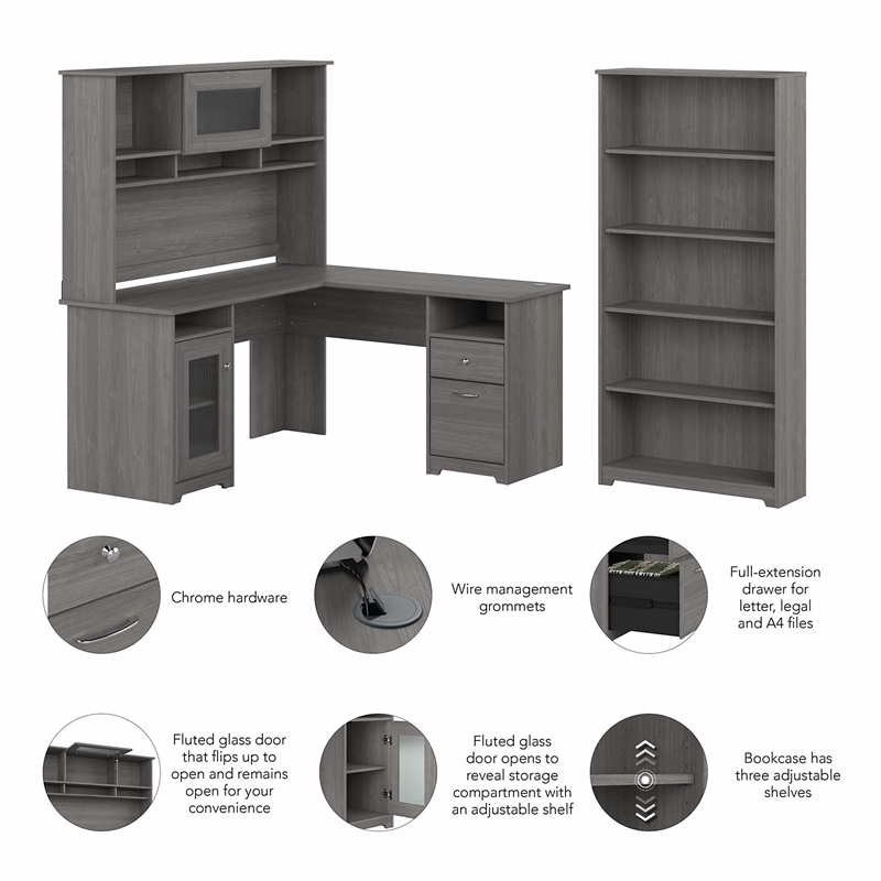 Pemberly Row L-Shaped Wood Desk with Hutch and Bookcase in Modern Gray