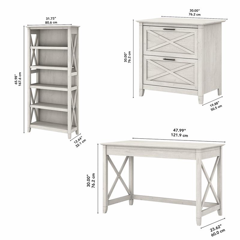 Pemberly Row Engineered Wood Writing Desk with File Cabinet and Bookcase - White