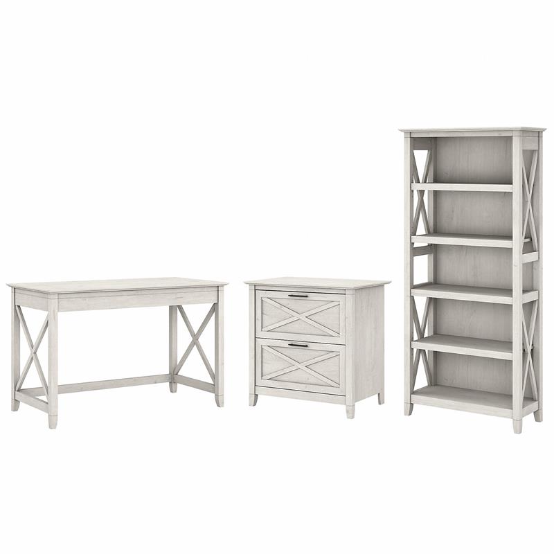 Pemberly Row Engineered Wood Writing Desk with File Cabinet and Bookcase - White
