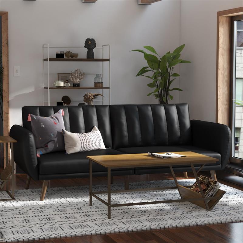 Pemberly Row Futon in Convertible Sofa & Couch in Black Faux Leather