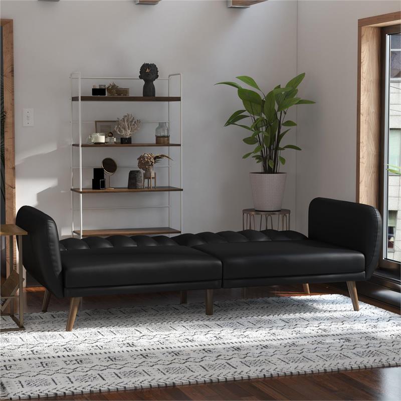 Pemberly Row Futon in Convertible Sofa & Couch in Black Faux Leather