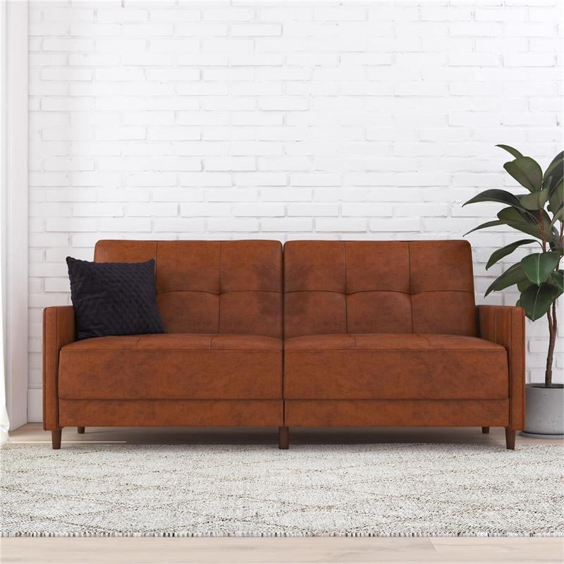 Pemberly Row Contemporary Coil Futon in Brown Finish Faux Leather