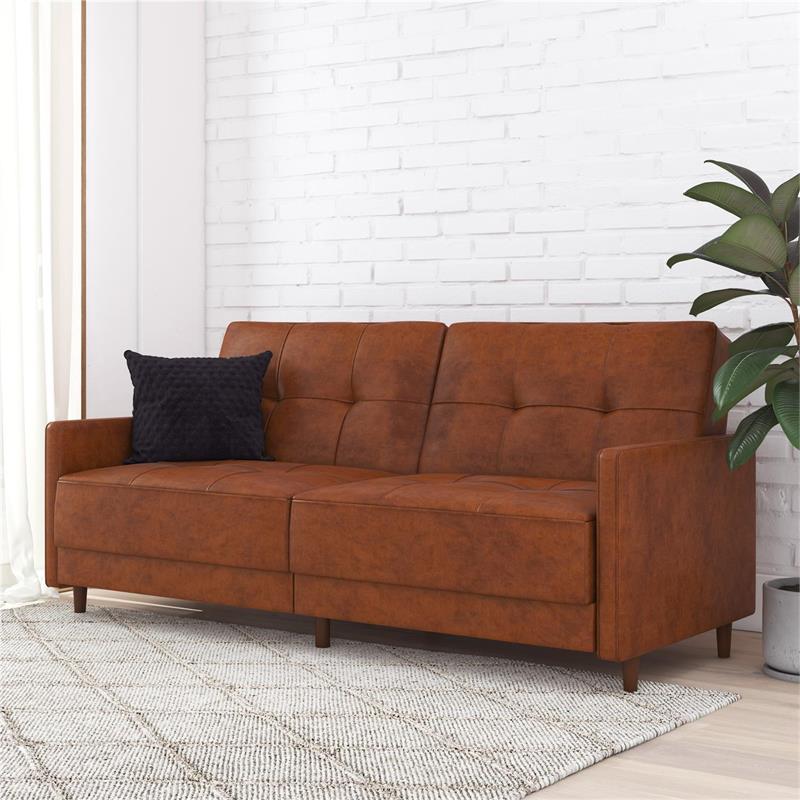 Pemberly Row Contemporary Coil Futon in Brown Finish Faux Leather
