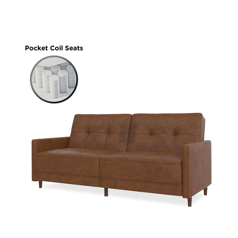 Pemberly Row Contemporary Coil Futon in Brown Finish Faux Leather