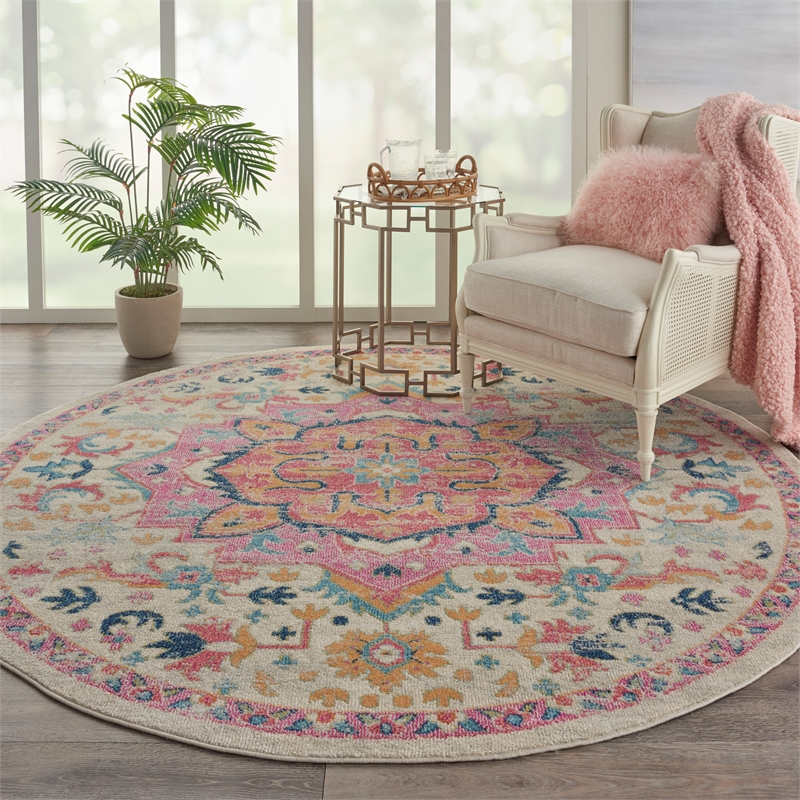 Pemberly Row Contemporary 8' Round Ivory Pink Fabric Bohemian Area Rug