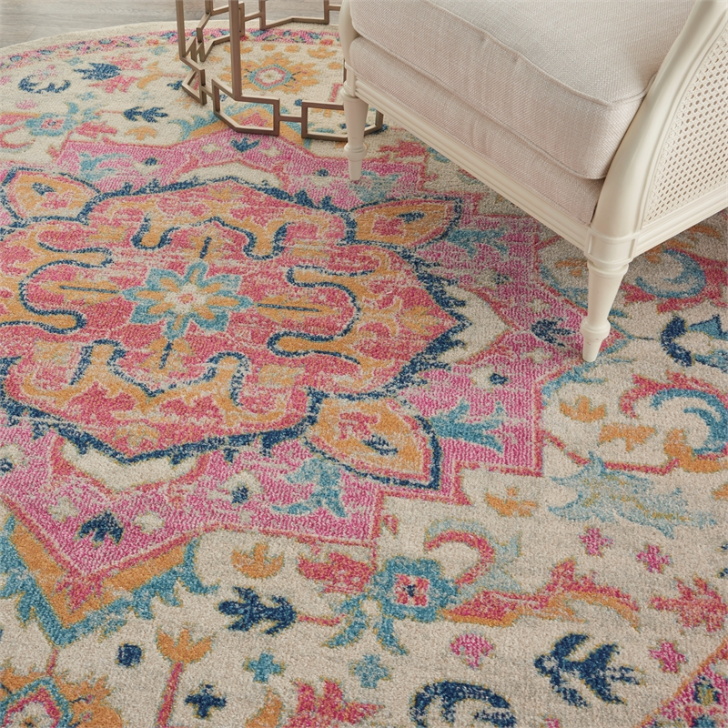 Pemberly Row Contemporary 8' Round Ivory Pink Fabric Bohemian Area Rug