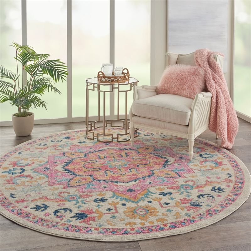 Pemberly Row Contemporary 8' Round Ivory Pink Fabric Bohemian Area Rug