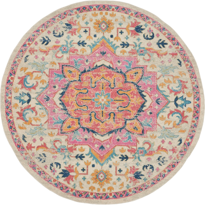 Pemberly Row Contemporary 8' Round Ivory Pink Fabric Bohemian Area Rug