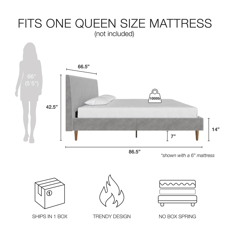 Pemberly Row Queen Upholstered Platform Bed in Light Gray Velvet