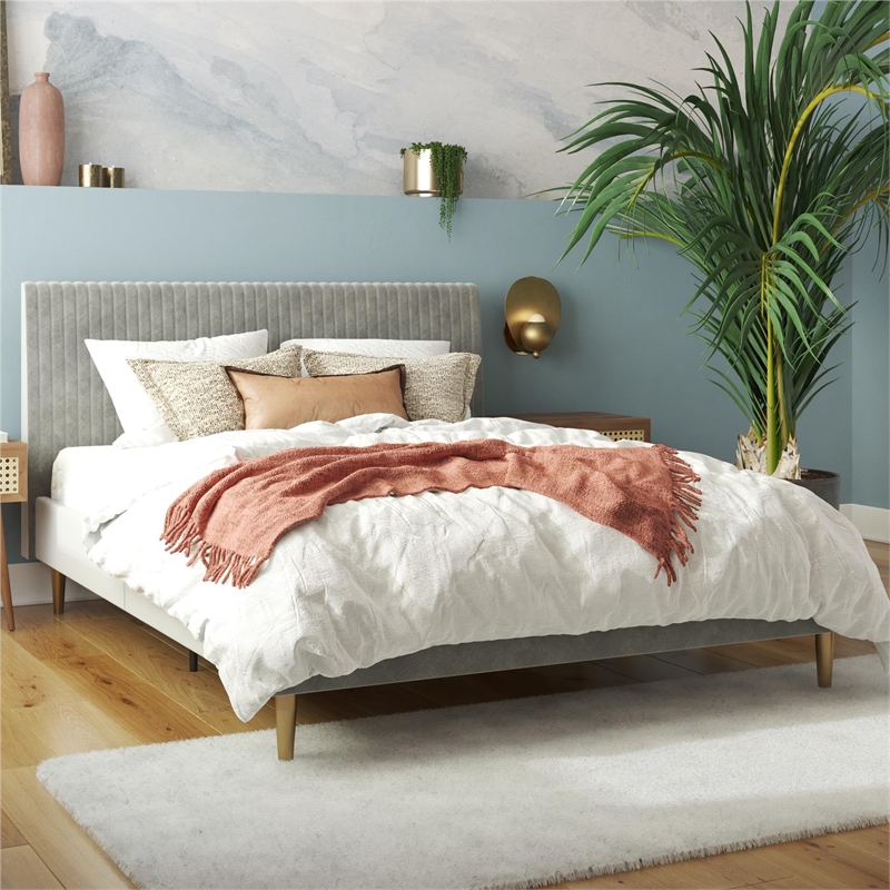 Pemberly Row Queen Upholstered Platform Bed in Light Gray Velvet
