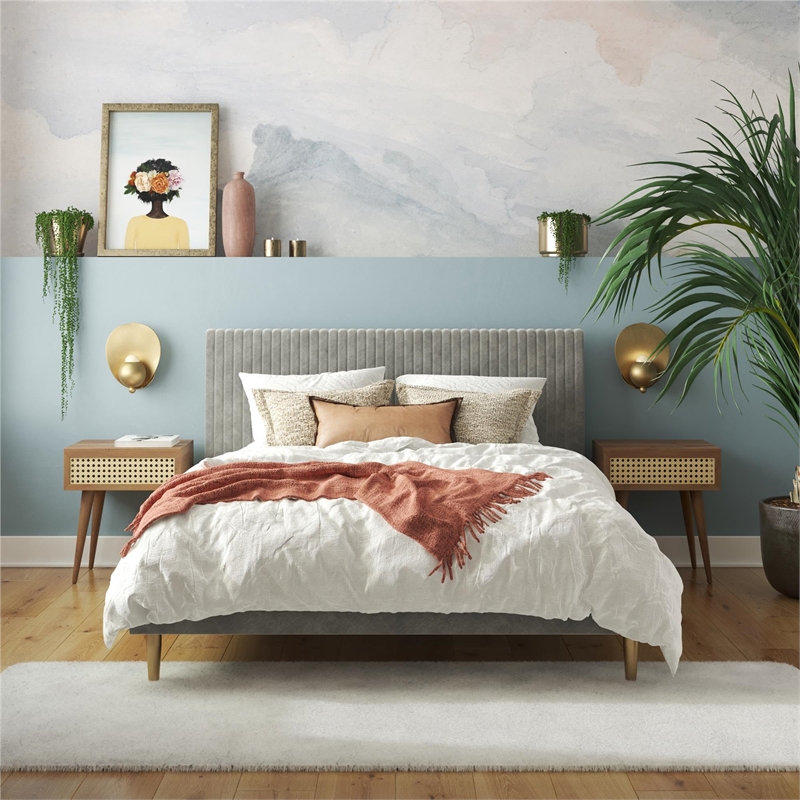 Pemberly Row Queen Upholstered Platform Bed in Light Gray Velvet