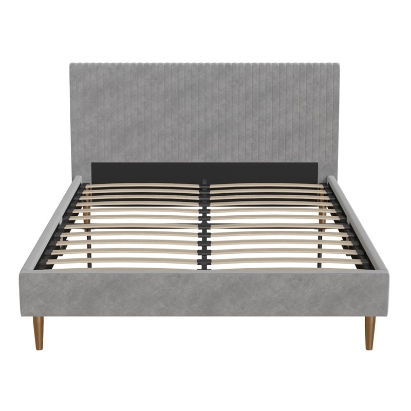 Pemberly Row Queen Upholstered Platform Bed in Light Gray Velvet