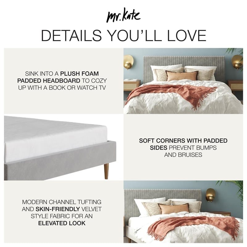 Pemberly Row Queen Upholstered Platform Bed in Light Gray Velvet