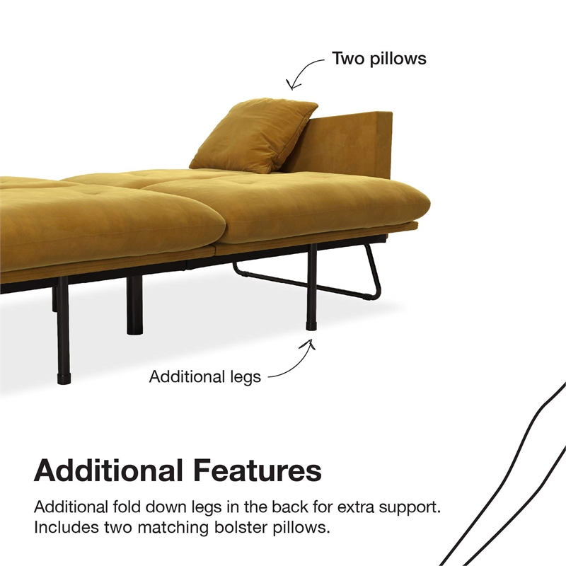 Pemberly Row Contemporary Futon with Bolster Pillows in Mustard Velvet