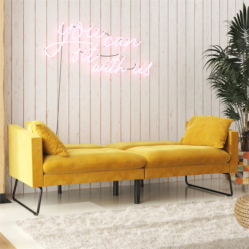 Pemberly Row Contemporary Futon with Bolster Pillows in Mustard Velvet