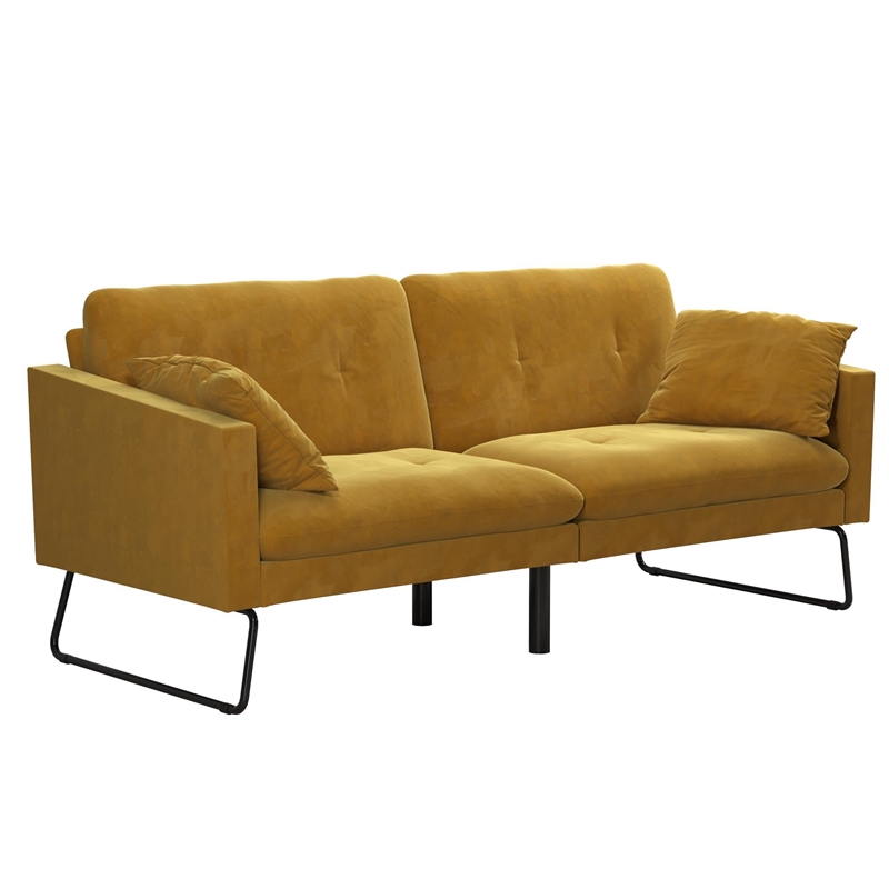Pemberly Row Contemporary Futon with Bolster Pillows in Mustard Velvet