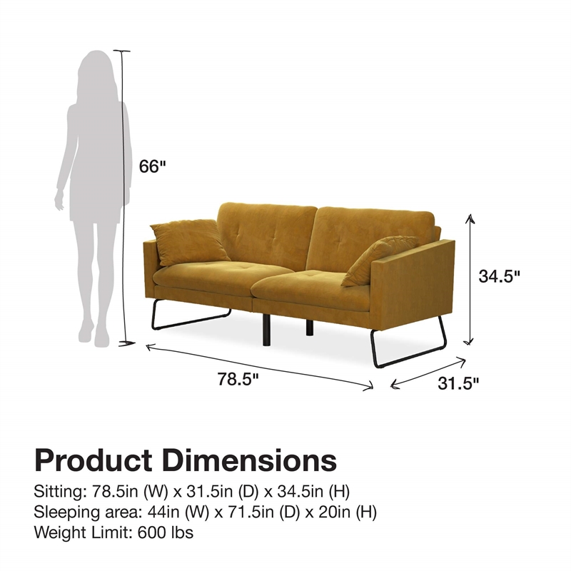 Pemberly Row Contemporary Futon with Bolster Pillows in Mustard Velvet