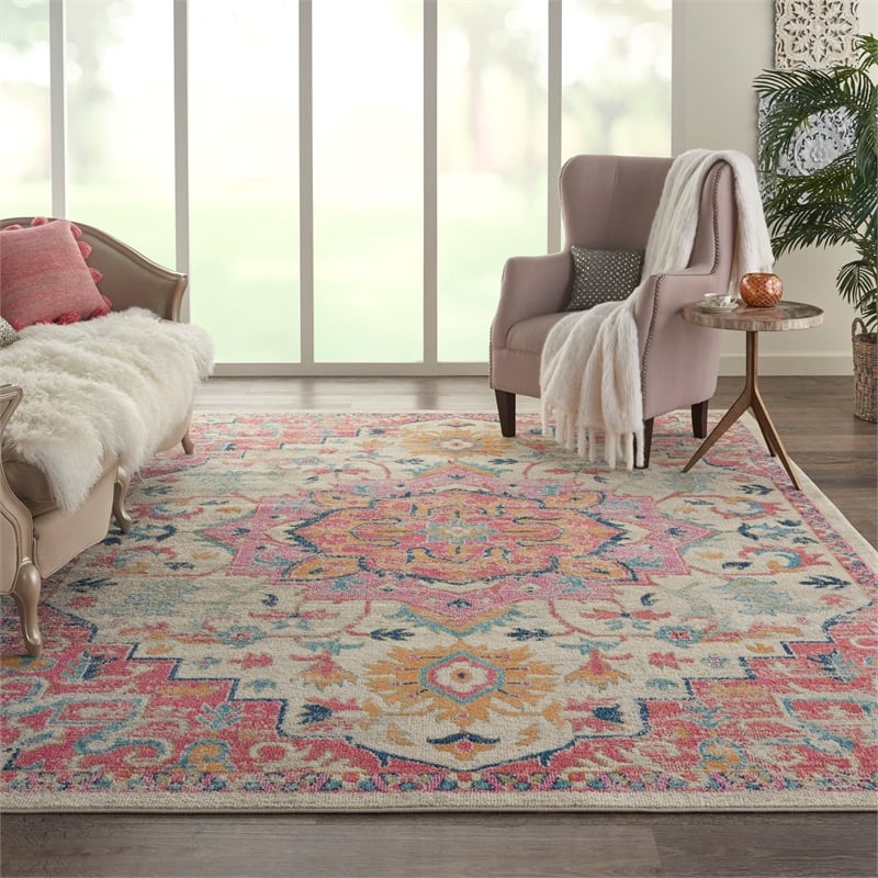 Pemberly Row Contemporary 9' x 12' Ivory Pink Fabric Bohemian Area Rug