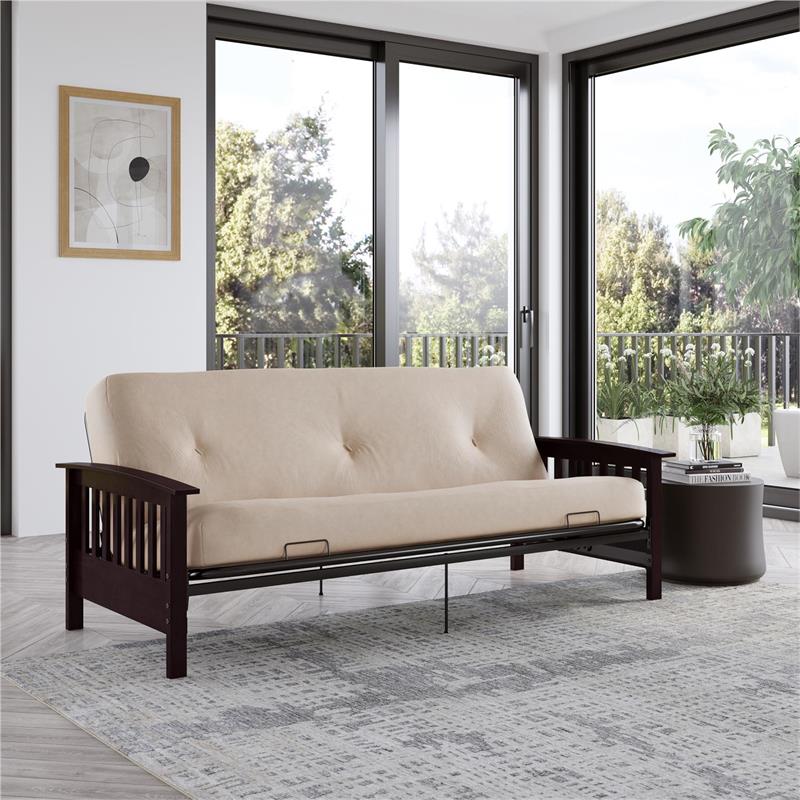 Pemberly Row Full Espresso Wood Arm Futon Frame with 6