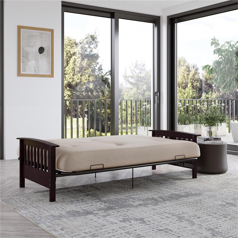 Pemberly Row Full Espresso Wood Arm Futon Frame with 6