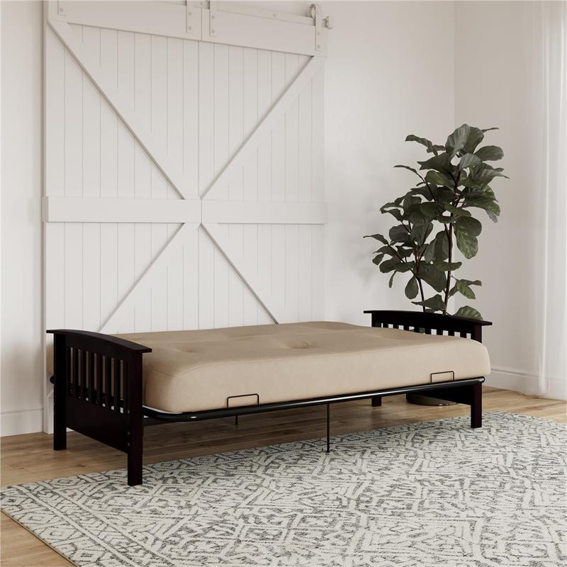 Pemberly Row Full Espresso Wood Arm Futon Frame with 6