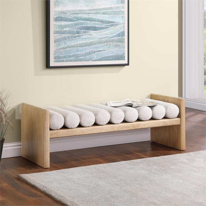 Pemberly Row Solid Wood Rich Bench in Natural with Cream Fabric Cushion Rolls