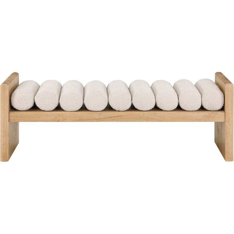 Pemberly Row Solid Wood Rich Bench in Natural with Cream Fabric Cushion Rolls